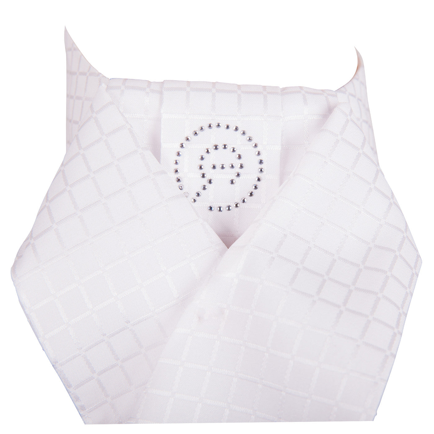 The Stock Tie Delux is not pre tied but has a loop hole to hold the stock. With a stock pin you can hold the knot for a classic look. The loop hole comes in White or contrasting Navy and has a rhinestone logo detail. Comes with a laundry bag.
