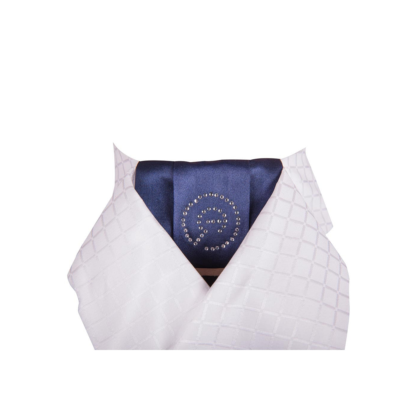 The Stock Tie Delux is not pre tied but has a loop hole to hold the stock. With a stock pin you can hold the knot for a classic look. The loop hole comes in White or contrasting Navy and has a rhinestone logo detail. Comes with a laundry bag.