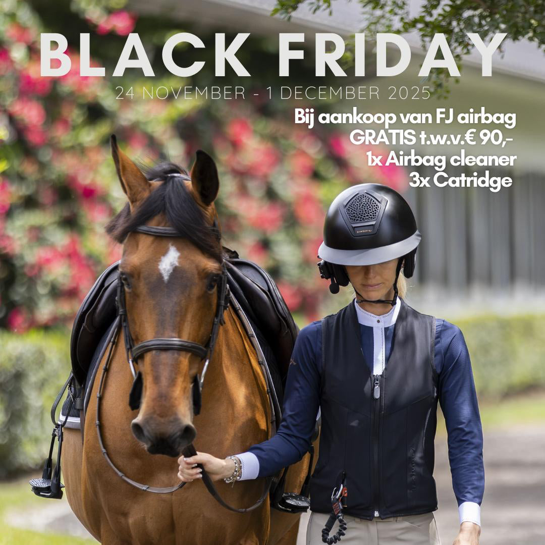Woman in equestrian attire walking with a horse, with promotional text for FJ airbag on a black Friday offer.