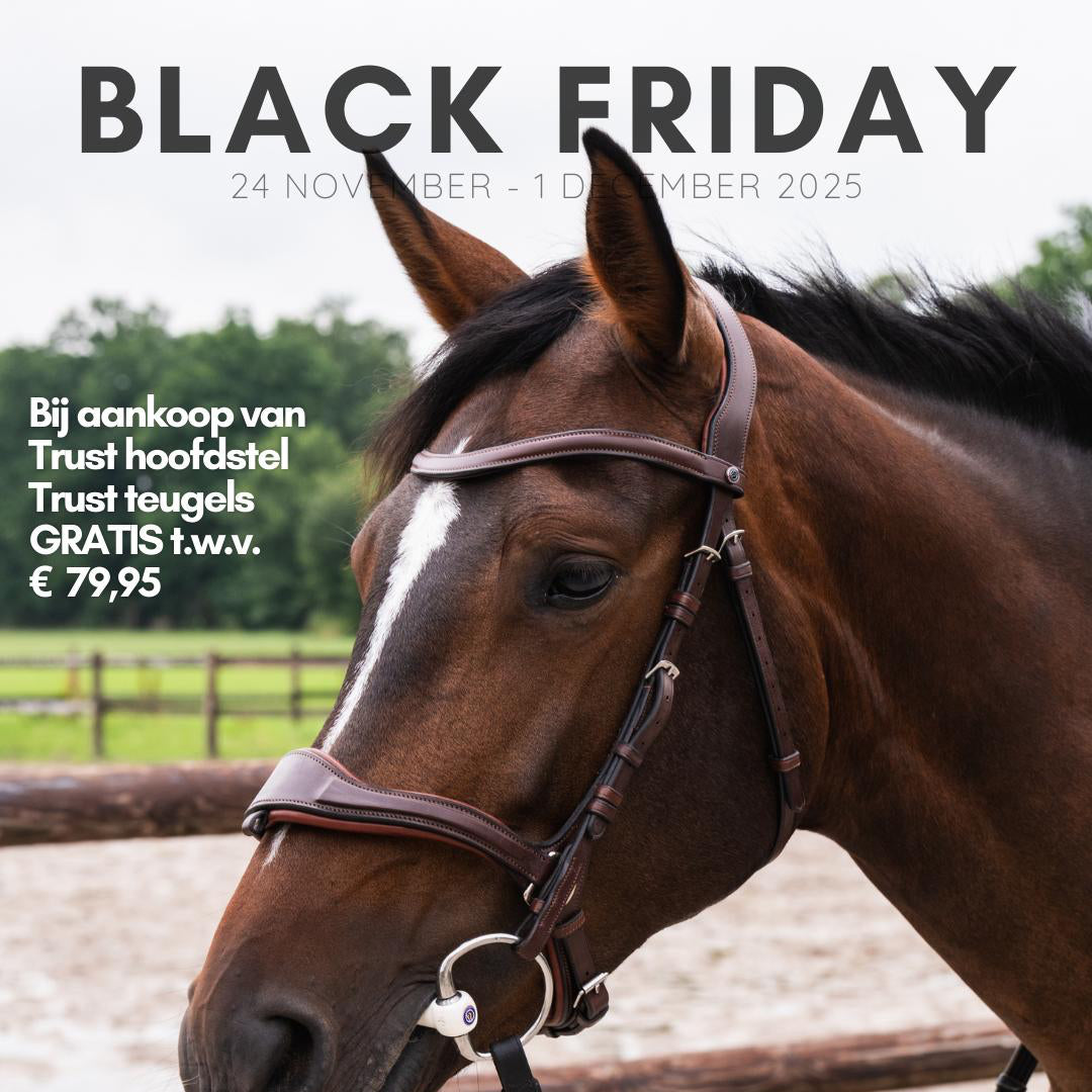 Horse wearing a bridle with Black Friday text overlay Trust hoofdstel