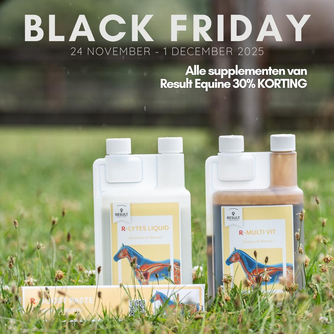 Two bottles of Result Equine supplements on grass with promotional text for Black Friday sale.